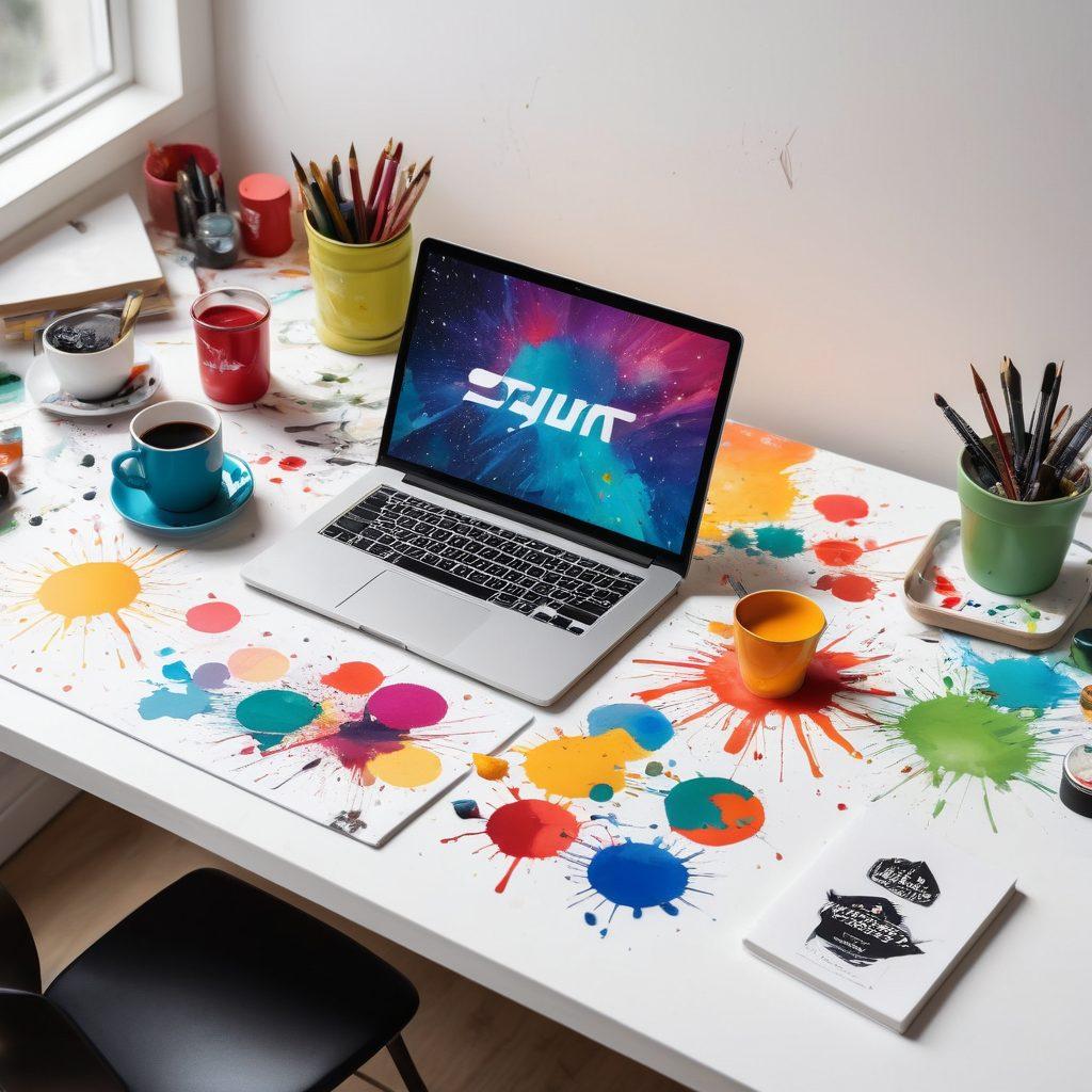 A dynamic scene depicting a designer's workspace with sketches of logos scattered around, featuring a vibrant color palette. Include a computer screen displaying a logo design process, vibrant paint splatters around, and a coffee cup to reflect creativity. The background should showcase a partially finished logo on a canvas, symbolizing the journey from concept to creation. super-realistic. vibrant colors. white background.