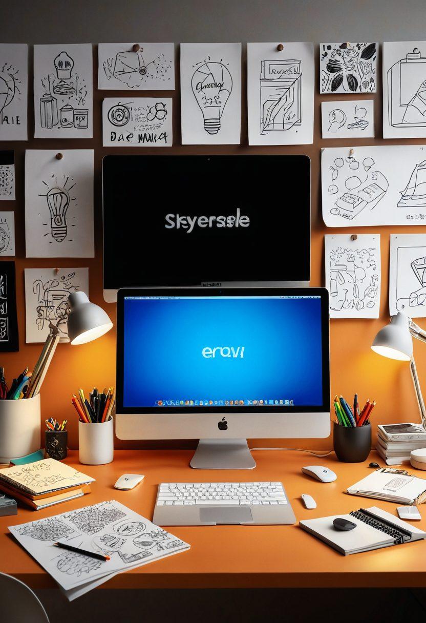 A visually striking image featuring a designer's workspace with sketches of logos, vibrant color palettes, and branding materials scattered around. In the background, a glowing light bulb symbolizes ideas and potential, while various brand logos display diversity and creativity. The setting is modern and inspiring, showcasing tools like a laptop and sketchbooks. super-realistic. vibrant colors. 3D.