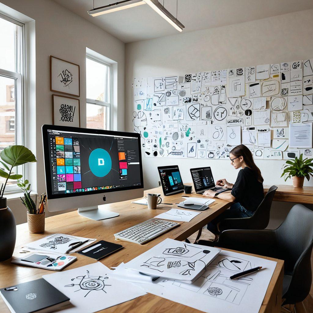 A dynamic workspace showcasing a designer brainstorming logo concepts, surrounded by mood boards filled with trendy logo designs, vibrant color swatches, and digital devices. The atmosphere radiates creativity and innovation, with light streaming through large windows illuminating the space. Including elements of collaboration, like sketches and design feedback notes, to convey teamwork in branding success. super-realistic. vibrant colors. modern workspace.